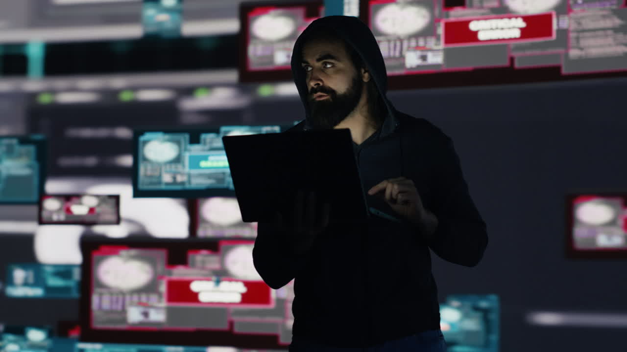 Conceptual representation of cyber crime with male hacker