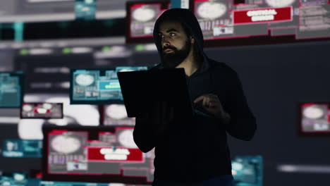 conceptual representation of cyber crime with male hacker