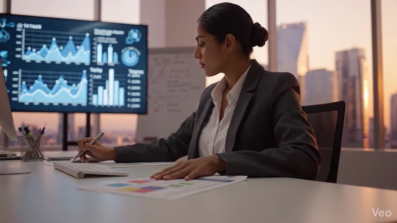 Professional Woman Analyzing Data Visualization and Reports in Modern Office Environment During Sunset, Engaged in Analytical Work and Strategic Planning