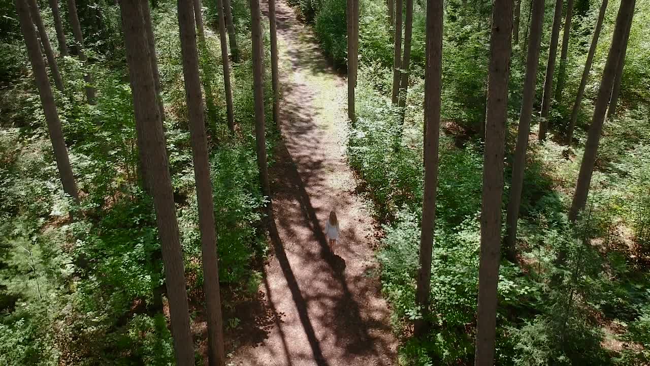 seguimiento de la toma de un dron de una hermosa mujer joven caminando por un exuberante bosque de pinos durante la primavera en canadá