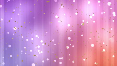 golden confetti and white spots against pink and purple gradient striped background