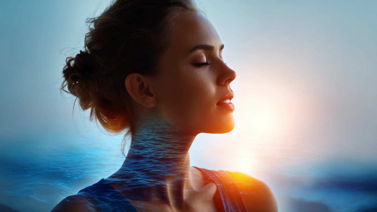 A Serene Woman's Profile Surrounded by a Tranquil Ocean Sunset, Capturing the Essence of Peace and Natural Beauty in a Dreamlike Blend of Elements