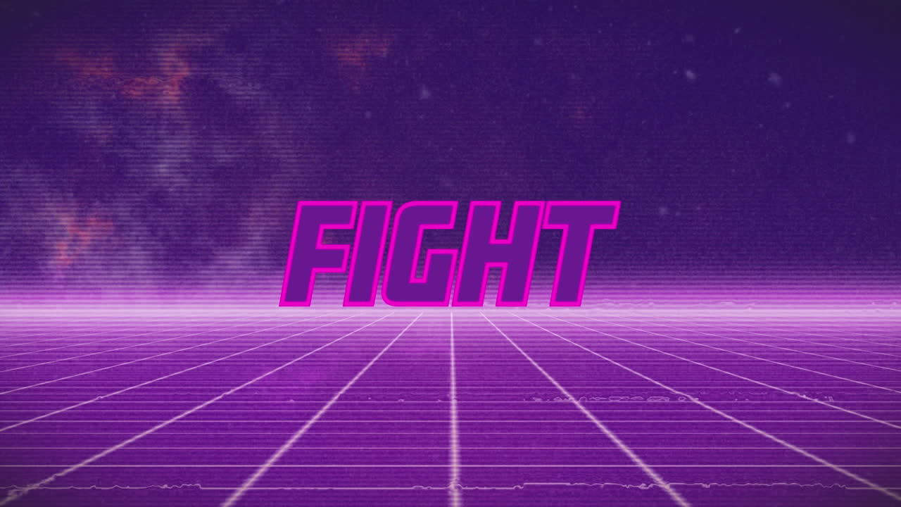 Animation of fight text banner over purple grid network against blue background