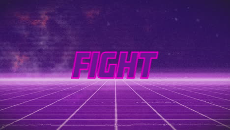 Animation of fight text banner over purple grid network against blue background