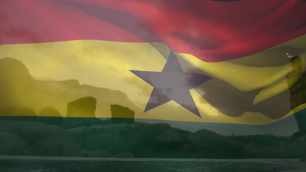 Dans med ild, silhuetkunstnere foran Ghana flag animation baggrund