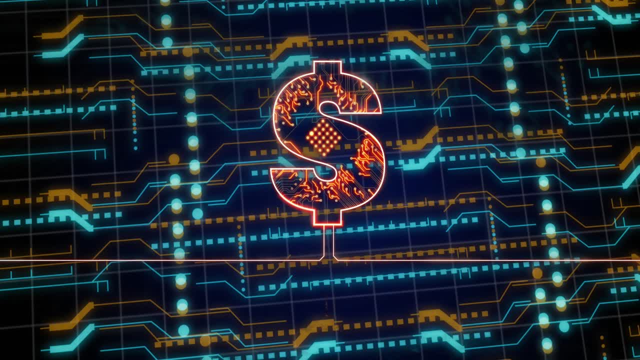 animación del signo del dólar estadounidense y procesamiento de datos a través de una placa de circuitos.