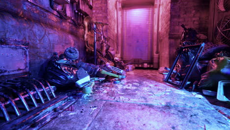 callejón cyberpunk con basura y luces de neón