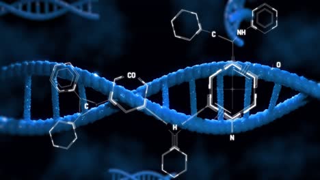 animation of dna rotating over chemical formulas on black background