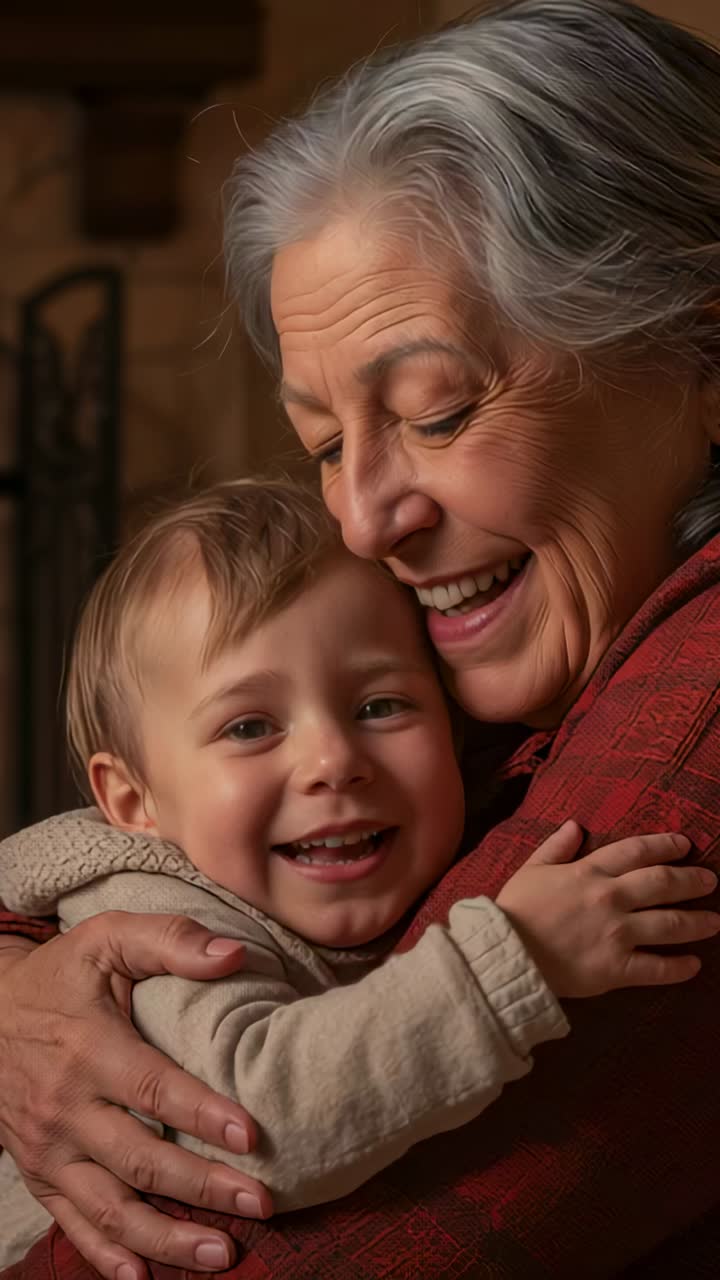 Video verticale: nonna che culla un bambino piccolo in casa, ridendo, con giacca rossa e mani che sostengono il bambino