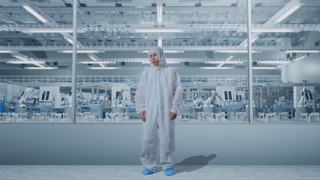 cuerpo lleno de científico masculino asiático que tiene dolor de cabeza mientras está de pie en una fábrica de laboratorio moderno con robots automatizados