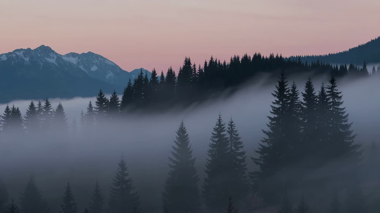 Misty Forest and Mountains at Dawn