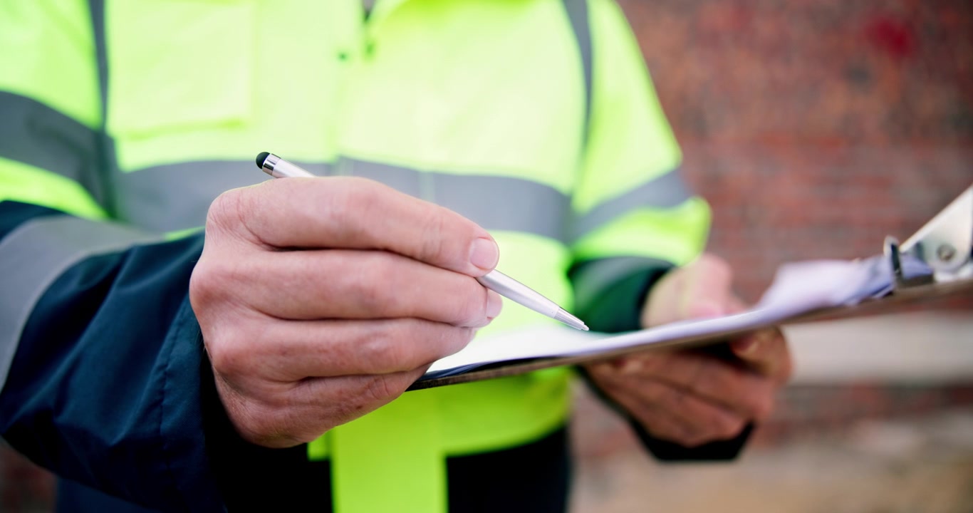 Construction Worker Writing on Clipboard at Building Site