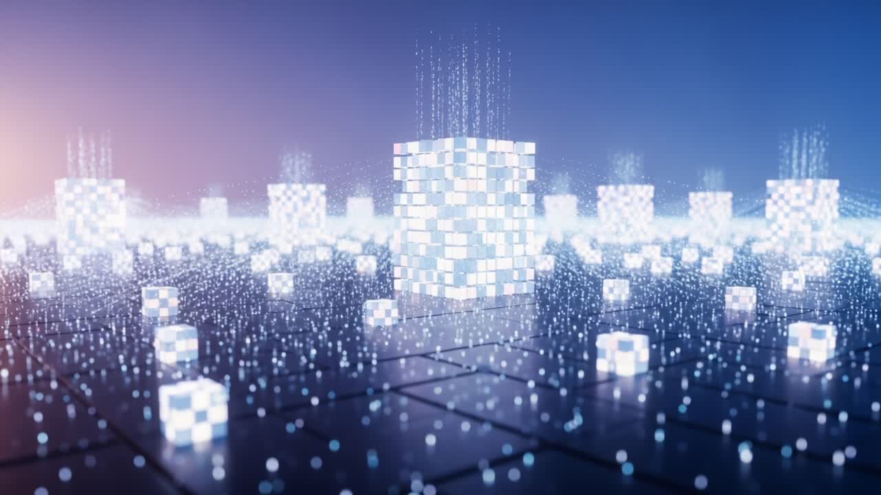 A Mesmerizing Digital Landscape: An Abstract Visualization of Cubic Structures Surrounded by Glowing Particles and Streams of Data Creating a Futuristic Atmosphere