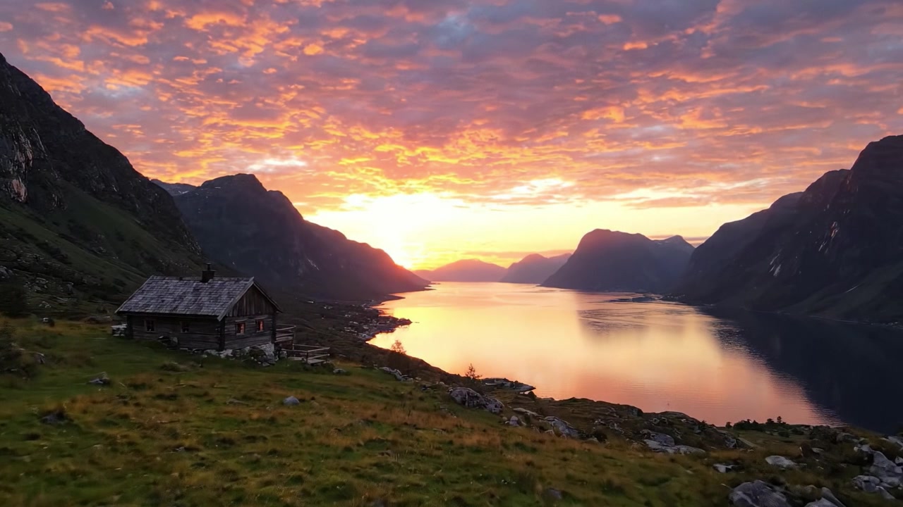 Atemberaubender Sonnenuntergang über einer ruhigen Wasserlandschaft mit majestätischen Bergen und einer gemütlichen Hütte am Ufer, der die Schönheit der Harmonie der Natur in der Dämmerung einfängt