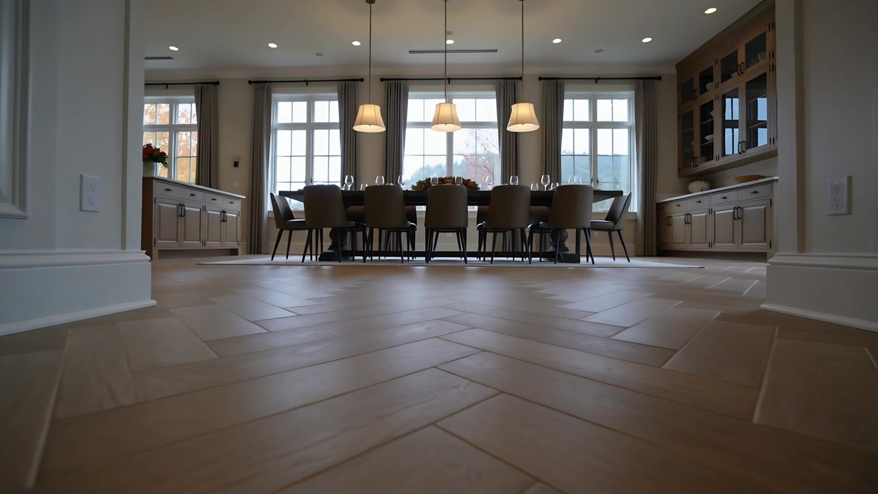 Telecamera bassa che avanza rivelando un tavolo da pranzo apparecchiato con piatti, bicchieri da vino e lampade a sospensione, visibile in casa.