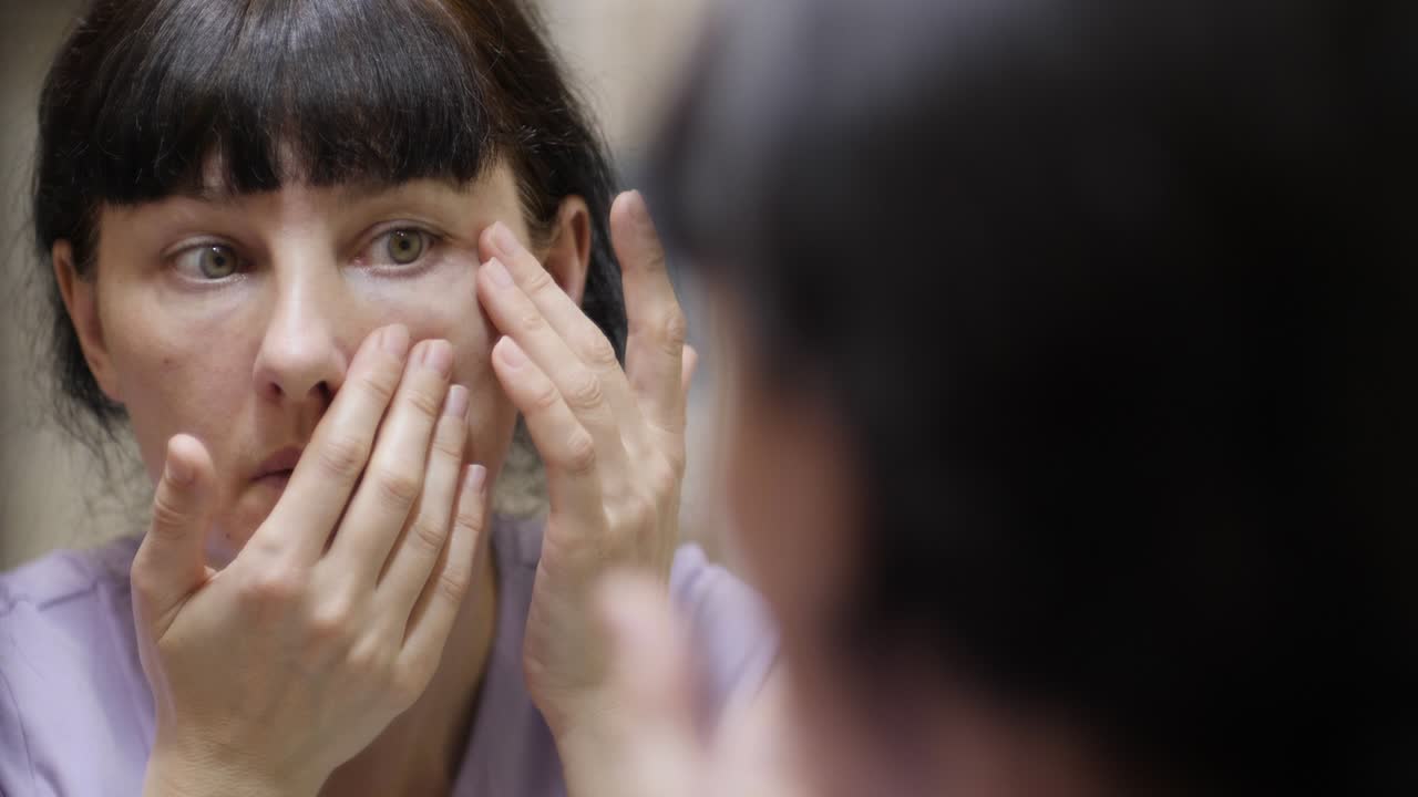 얼굴의 주름에 대해 혼란스러운 여성, 이마의 피부 노화, 거울을 보는 것, 얼굴 피부에 눈에 주름, 눈 주머니에 문제가있는 여성, 어두운 원, 주름, 스트레스, 우울증, 피로 다이어트.