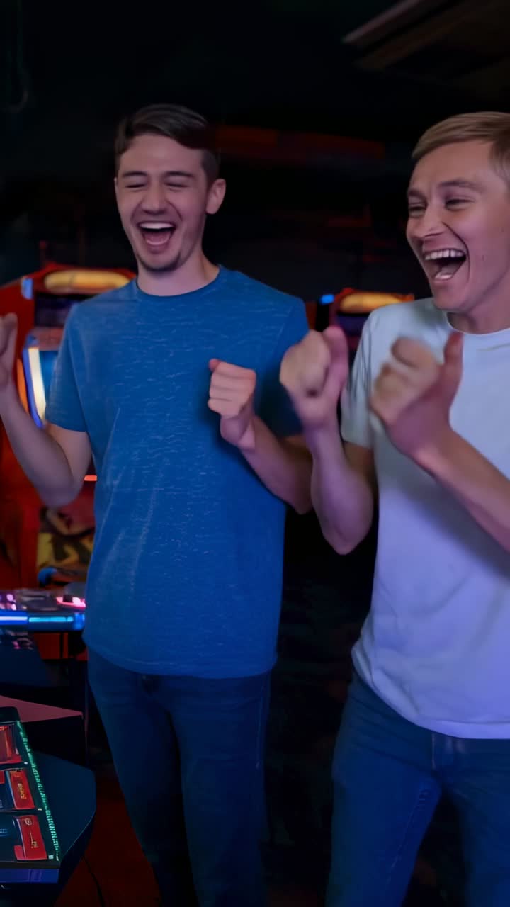 Video verticale: un duo in magliette blu e grigie gioca, si appoggia alla console ed esulta dopo aver vinto in sala giochi