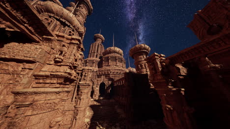 a night view of a fantasy stone castle under a starry sky