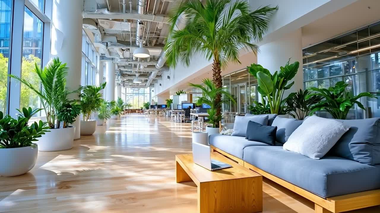 A large room with a couch, coffee table, and plants in it
