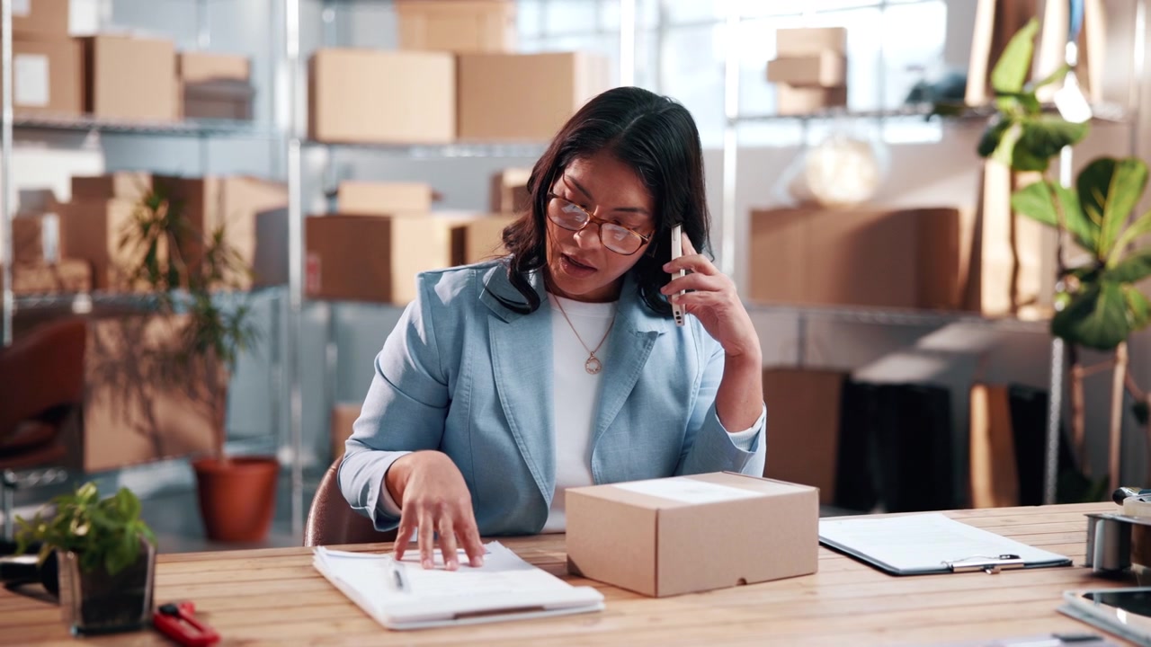 Businesswoman Talking on Phone While Processing Shipping Order in Warehouse