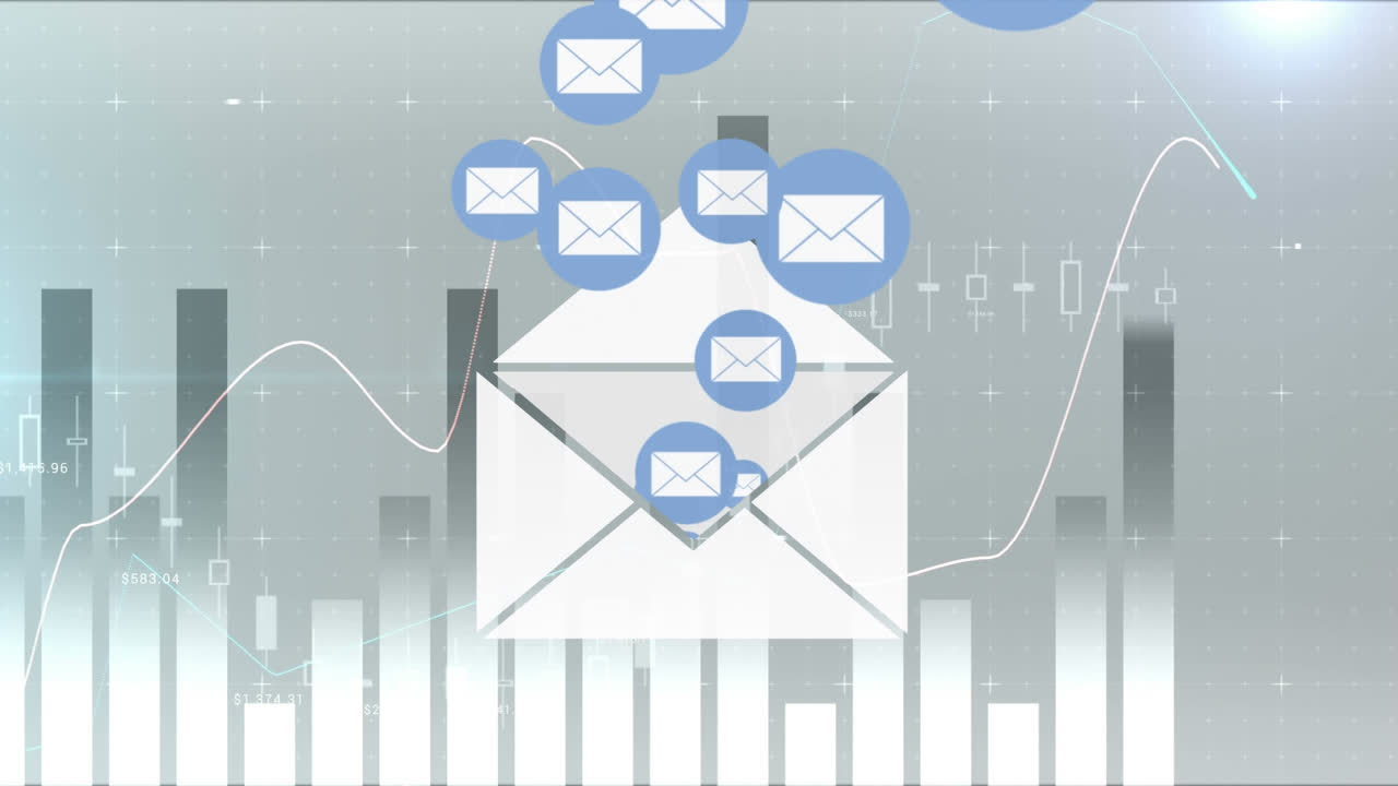 Animation of email envelope icons floating over interface with data processing on graphs and charts