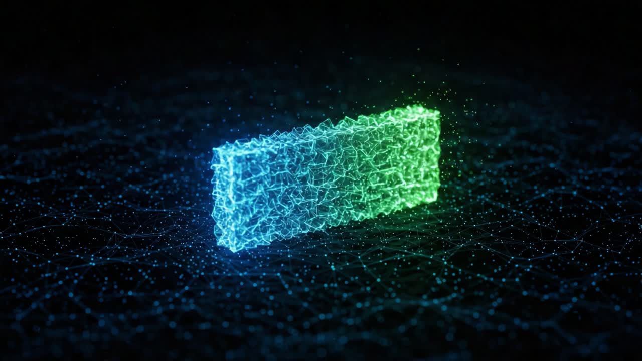 Digital Composition of a Glowing 3D Rectangular Structure with Luminous Particles Representing Data Visualization in a Futuristic Environment