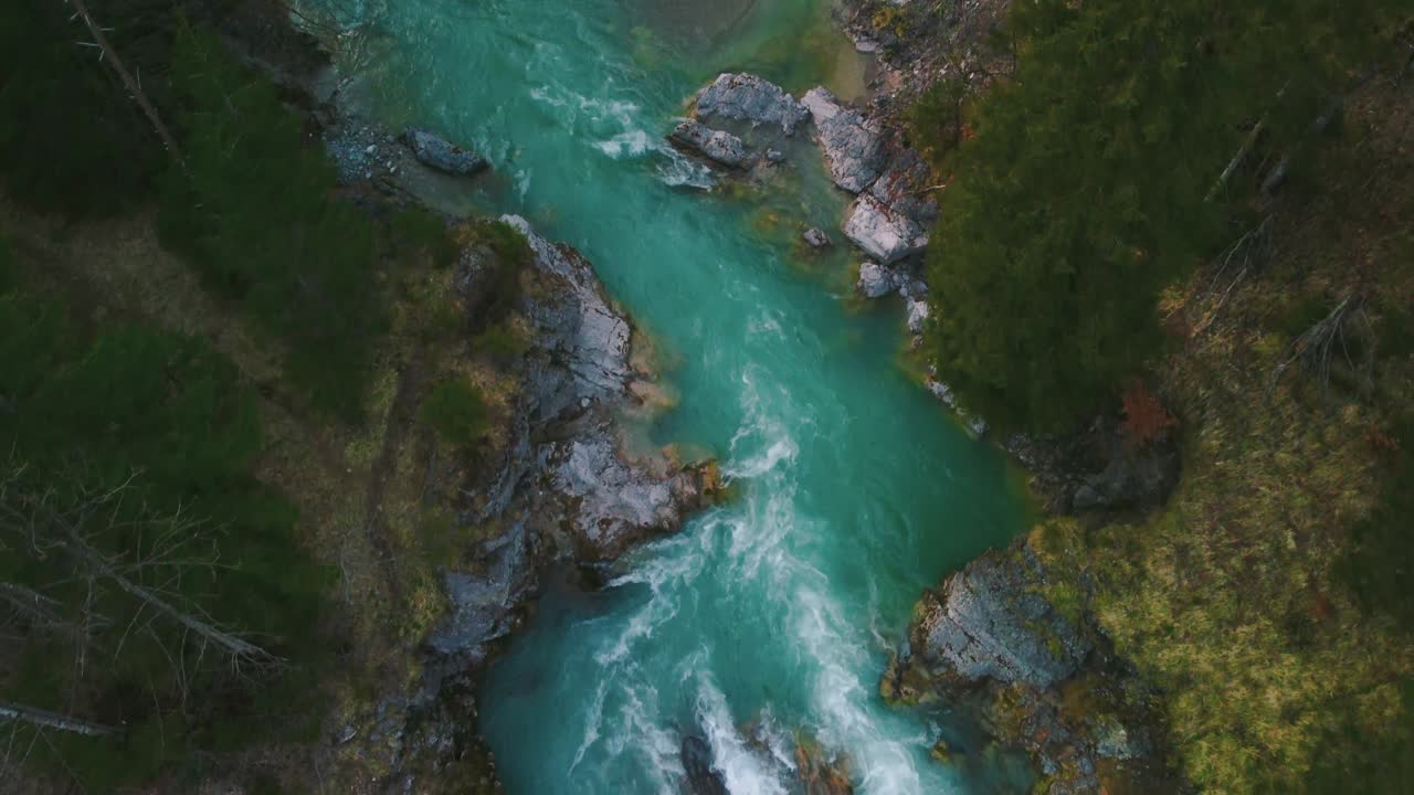 alpes río de montaña cinemagraph aéreo bucle de video sin problemas de una pintoresca e idílica cascada de cañón con agua azul natural fresca en los alpes austriacos de baviera, que fluye a lo largo de los árboles del bosque del cañón. 4k uhd. rissach tirol austria engtal ahornboden