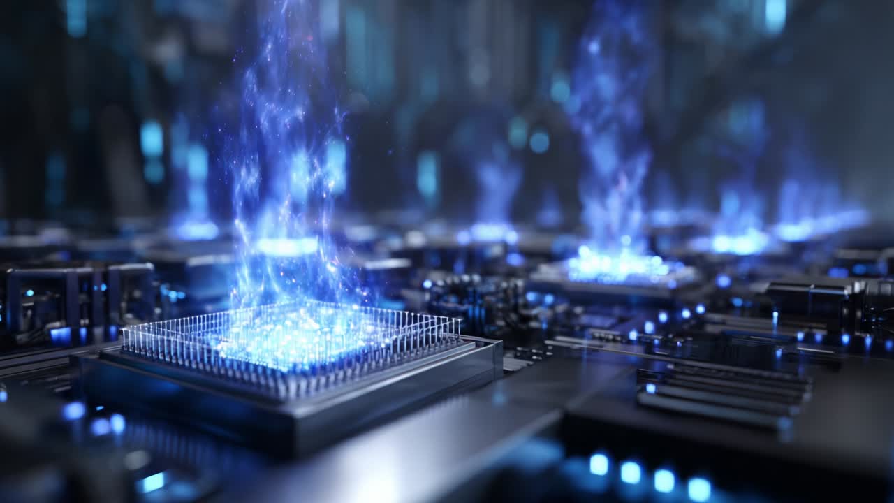 A mesmerizing display of advanced technology showcases ethereal blue energy emanating from futuristic microprocessors amidst a digitally rendered landscape, highlighting the intersection of innovation and imagination