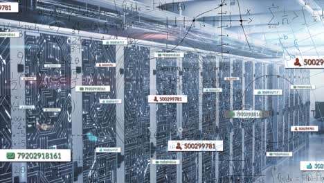 Animation of data processing and media icons over server room