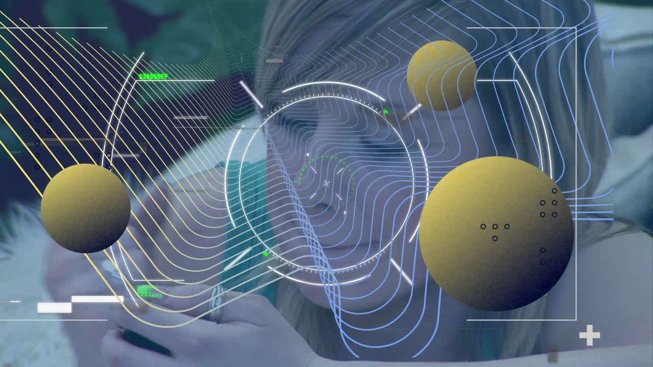 여성의 얼굴 위에 데이터 처리를 하는 글로브의 애니메이션