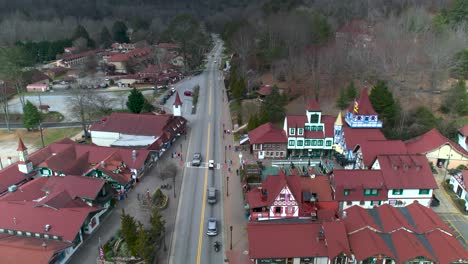 Drone-view-over-Helen,-Ga-during-a-beautiful-morning