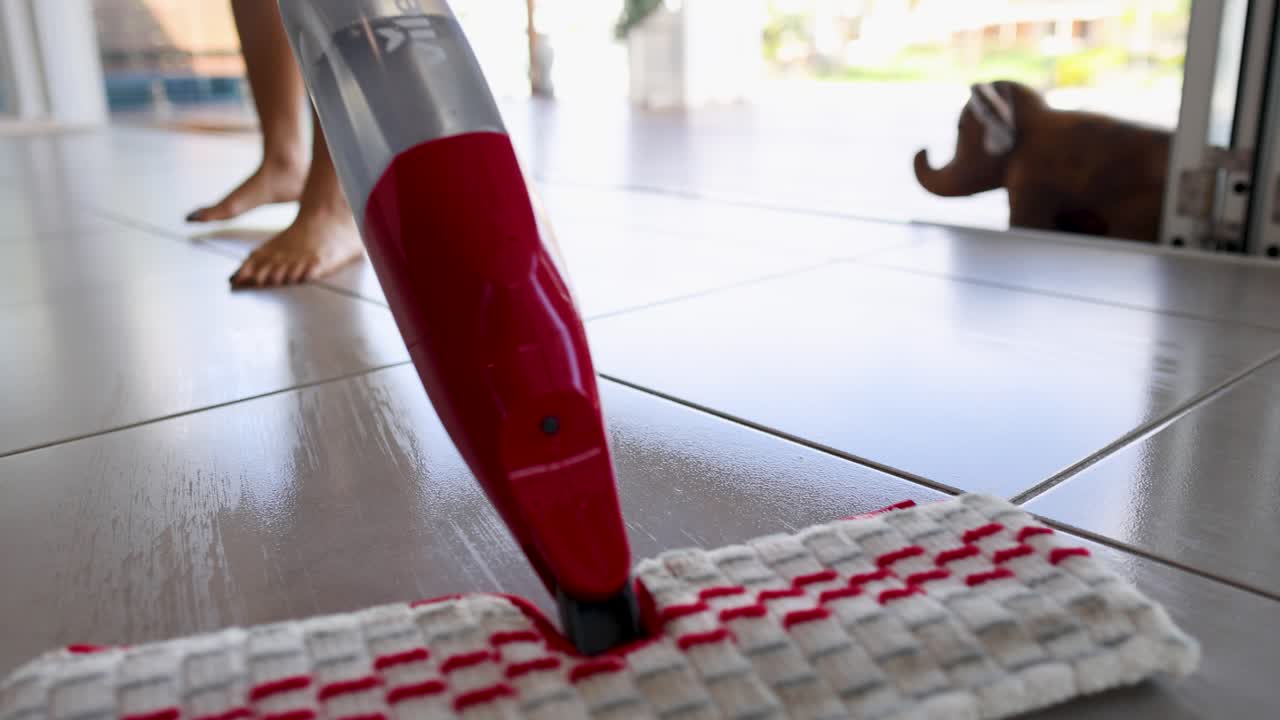 A mop glides over a sunlit tile floor, cleaning with water spray. A dog watches nearby