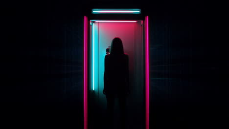 silhouette in neon lit cyberpunk doorway
