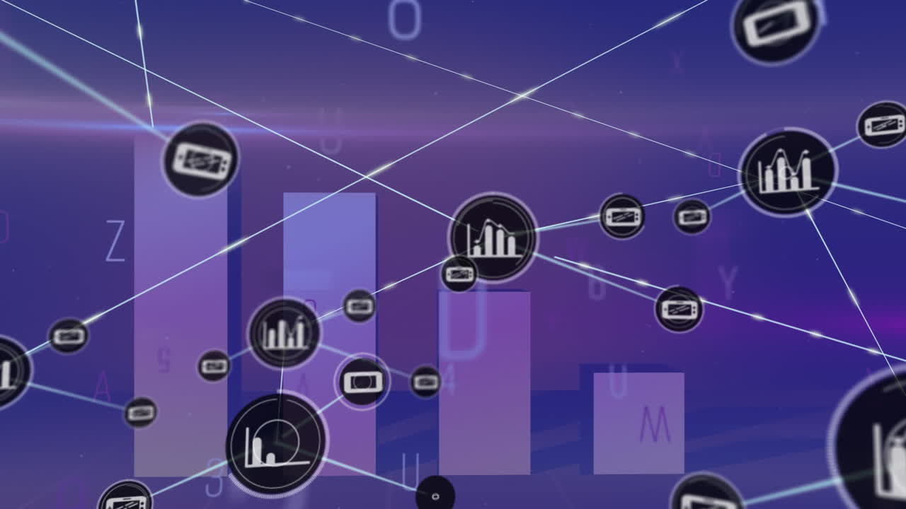 animación de la red de iconos digitales, cambio de alfabetos y procesamiento de datos estadísticos