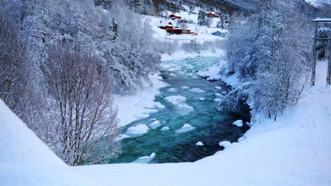 river going through snowy landscape with ice and trees