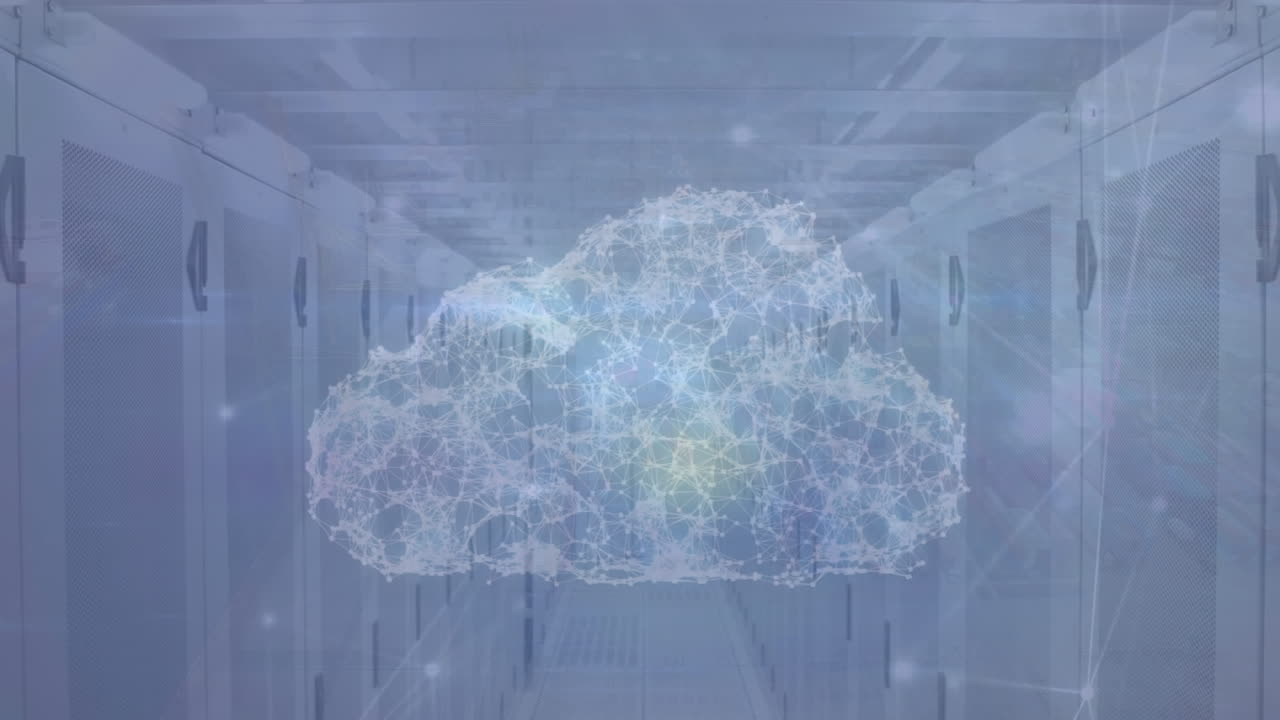 Animation of network of connections with cloud icon over server room
