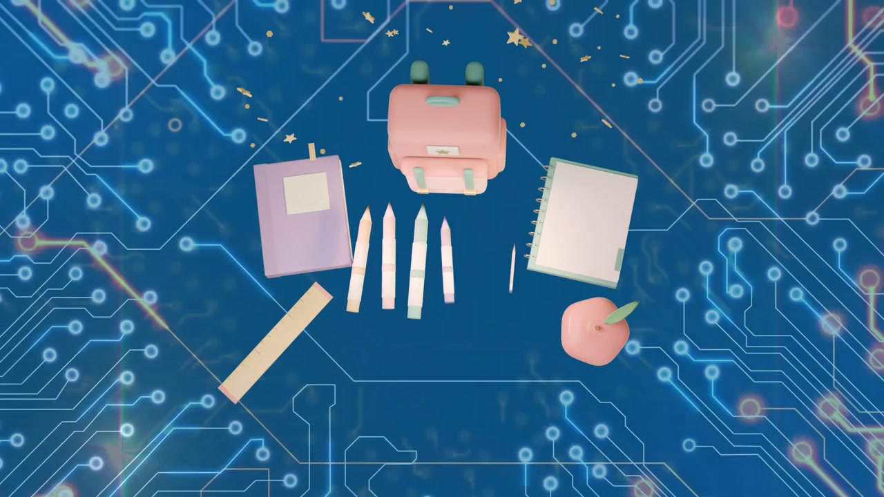 Backpack dropping from top, stationery settling into neat flatlay on blue circuit to showcase tools
