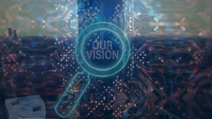 Drone panning glass-skyscraper activating circuit overlay icon enlarging Our Vision text pulsing