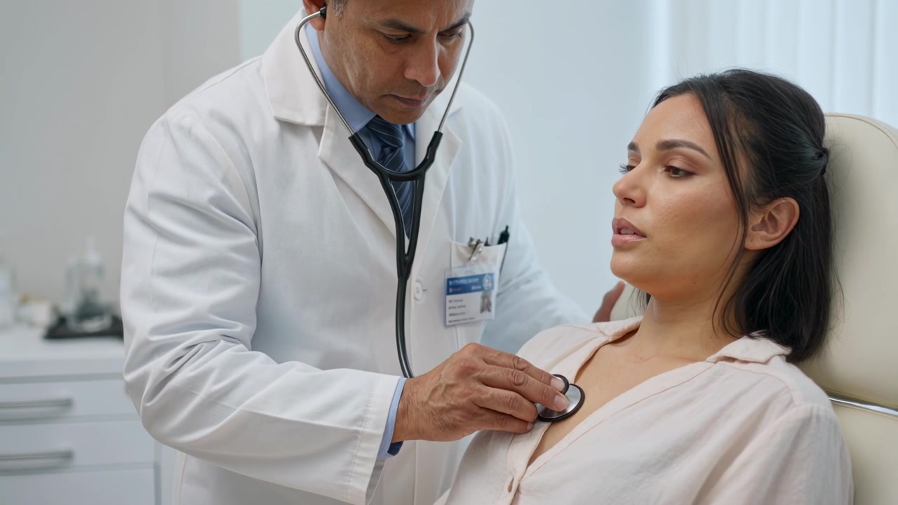 Placing doctor listening to patient chest at clinic for exam, stethoscope, white coat, copy space
