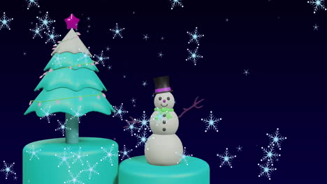 animación de copos de nieve sobre el árbol de navidad y el muñeco de nieve sobre fondo negro
