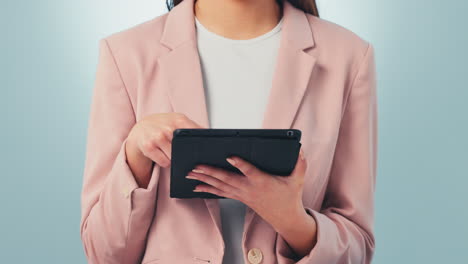 hands, tablet and research with a business woman