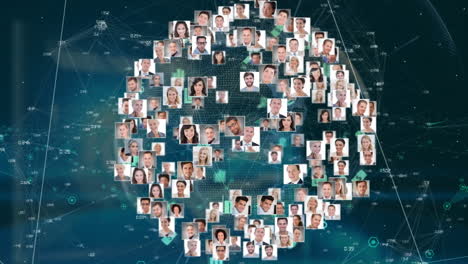animación de la imagen de perfil de diversas personas en el globo sobre puntos conectados contra un fondo azul