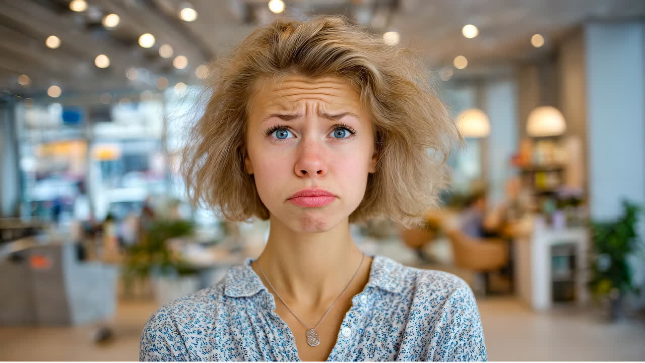 Young woman shows disappointment in cafe. A woman stands in a busy cafe with a displeased expression. She appears frustrated with her surroundings