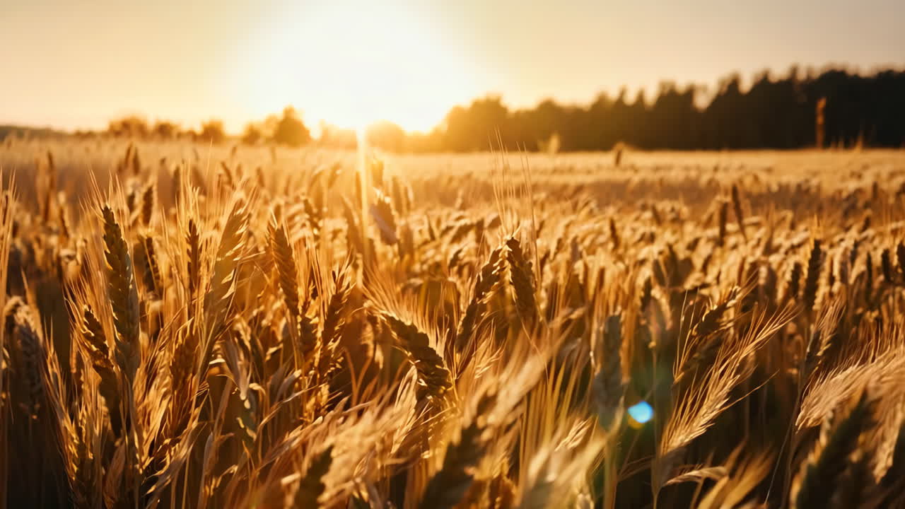 A field of golden wheat with the sun shining on it. The sun is setting in the background, creating a warm and peaceful atmosphere