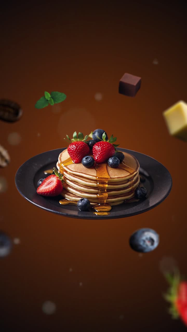 pancakes with honey drizzled Animation intro for advertising or marketing on dark orange background for restaurants with the ingredients of the dessert flying in the air - vertical add price or sale