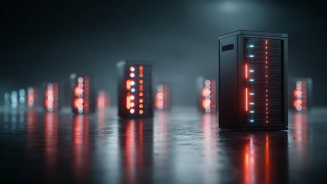 Belyste dataservere i et mørkt miljø viser avanceret teknologi og digital konnektivitet for moderne cloudcomputing-løsninger