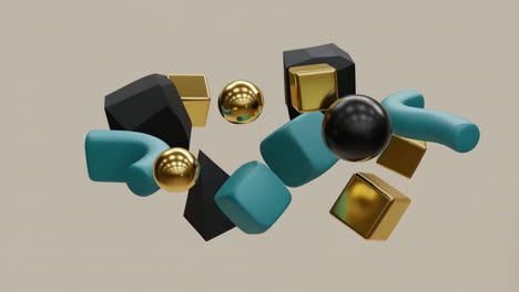 abstract composition of 3d geometric shapes in gold, black, and teal
