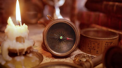 Vintage-style-travel-and-adventure.-Vintage-old-compass-and-other-vintage-items-on-the-table.