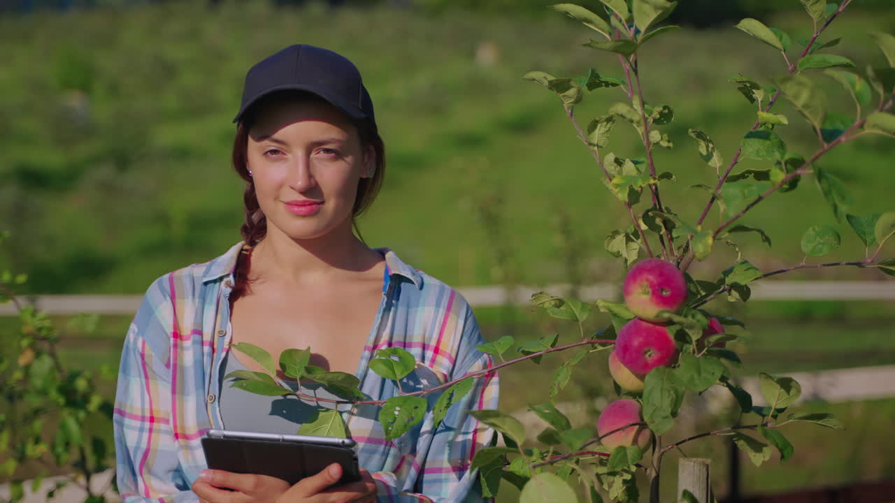 mujer agricultora en el huerto de manzanas con una tableta