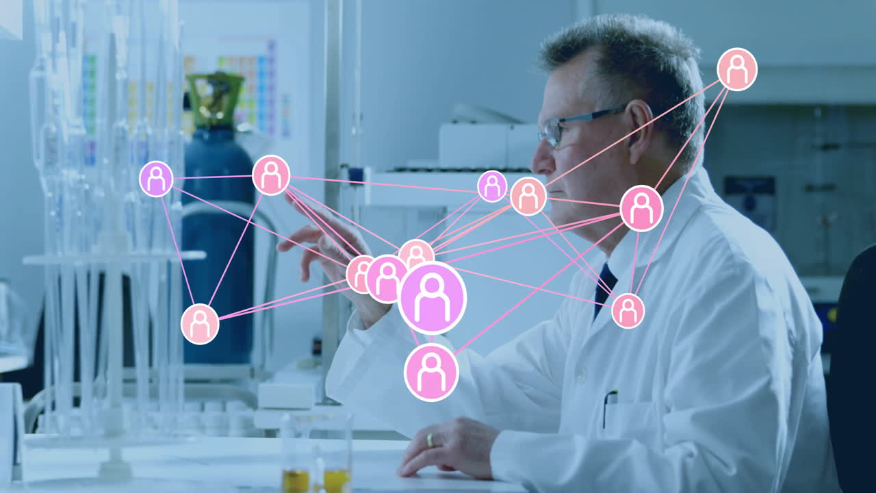 In lab, scientist interacting with data visualization and animation of connections
